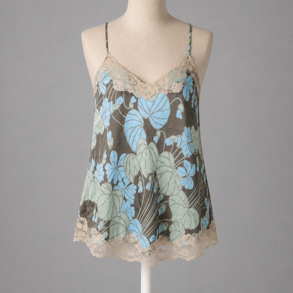 Vintage Y2K 100% Silk Floral Lace Trim Cami Tank Sz L Festival Layer Indie Fairy